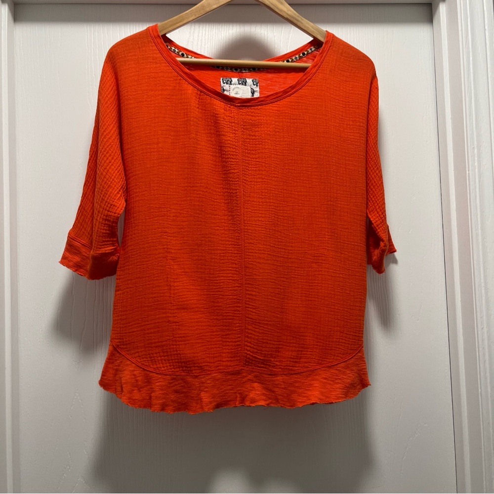 Anthropologie Postmark Gauze Circle Top Tee 3/4 Sleeve Textured XSmall Orange